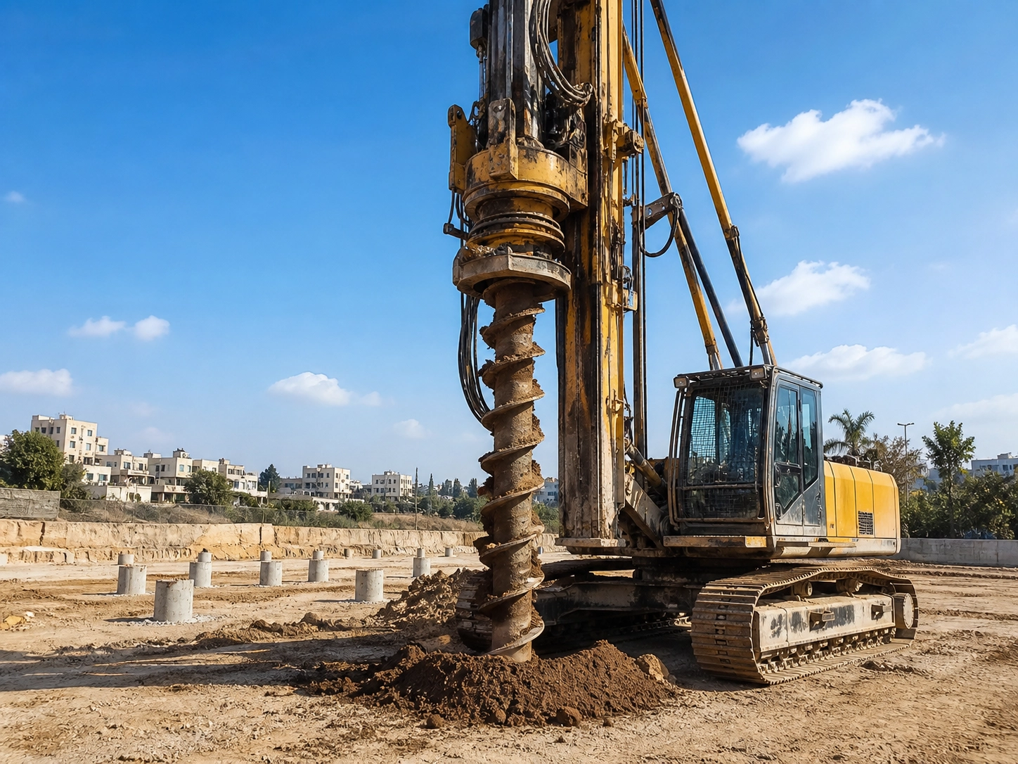 מכונת קידוח מבצעת קידוחים וקלונסאות באתר בנייה